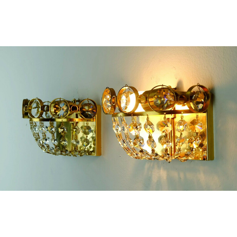 Set of 2 vintage crystal glass and gilt brass wall lights by Palwa, 1960s