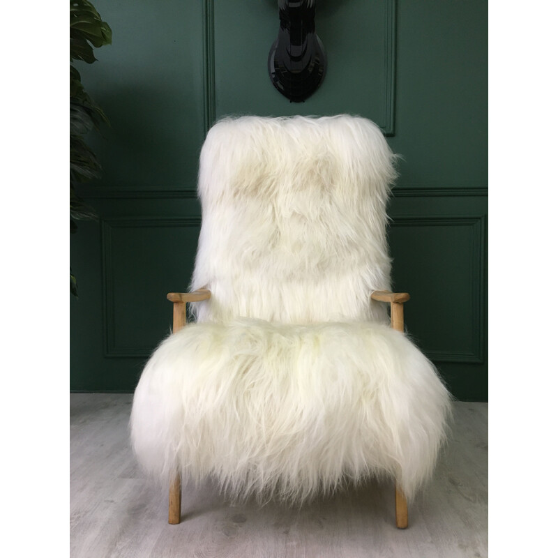 Vintage Art Deco White Fluffy Furry Sheepskin Bentwood Armchair 