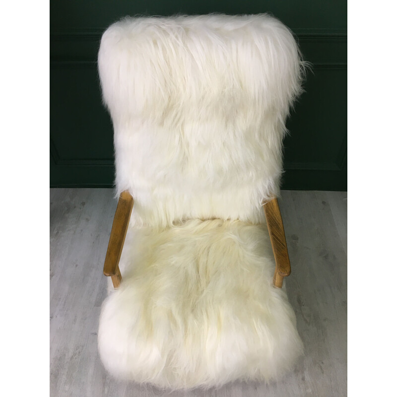 Vintage Art Deco White Fluffy Furry Sheepskin Bentwood Armchair 