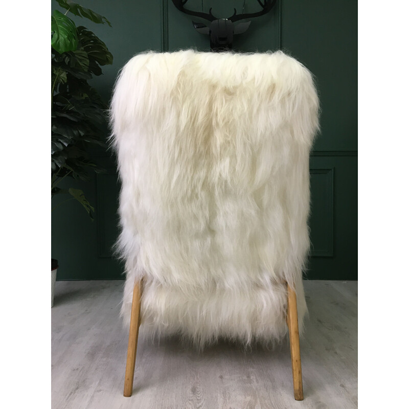 Vintage Art Deco White Fluffy Furry Sheepskin Bentwood Armchair 