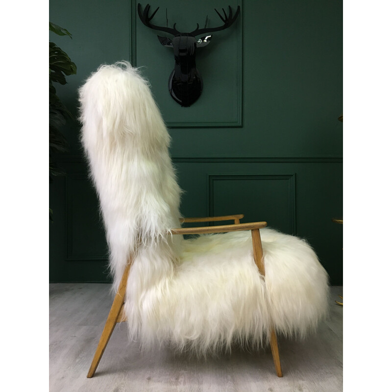 Vintage Art Deco White Fluffy Furry Sheepskin Bentwood Armchair 