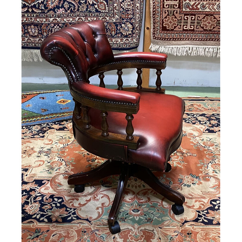 Vintage Chesterfield modern red leather office chair with swivel seat and reclining backrest