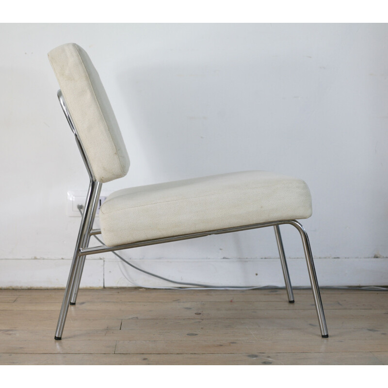 Paar vintage witte stalen en wollen fauteuils, Frankrijk 1960