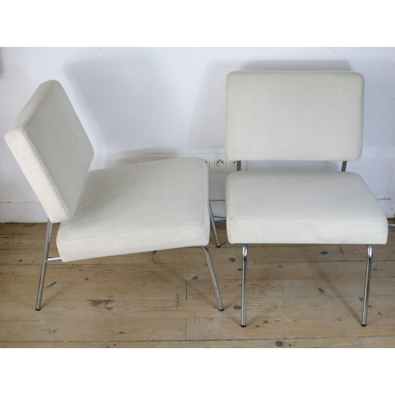 Pair of vintage white steel and woolen armchairs, France 1960