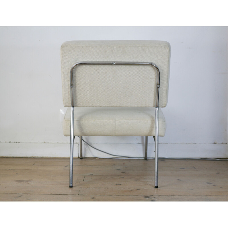 Pareja de sillones vintage de acero blanco y lana, Francia 1960