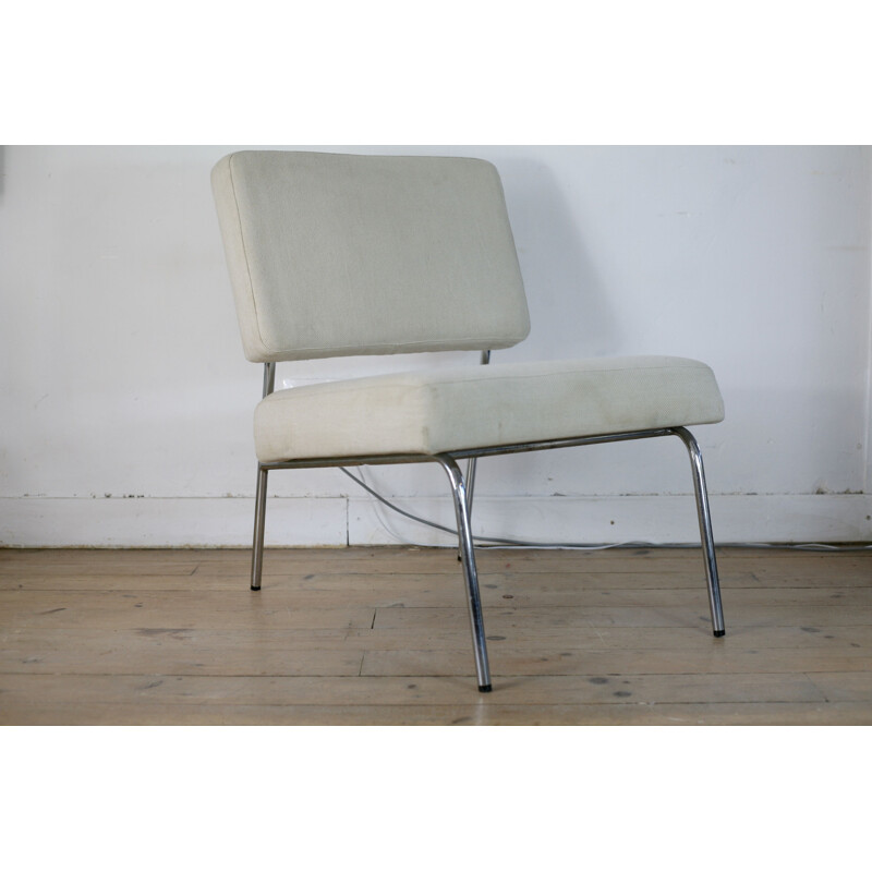 Pair of vintage white steel and woolen armchairs, France 1960