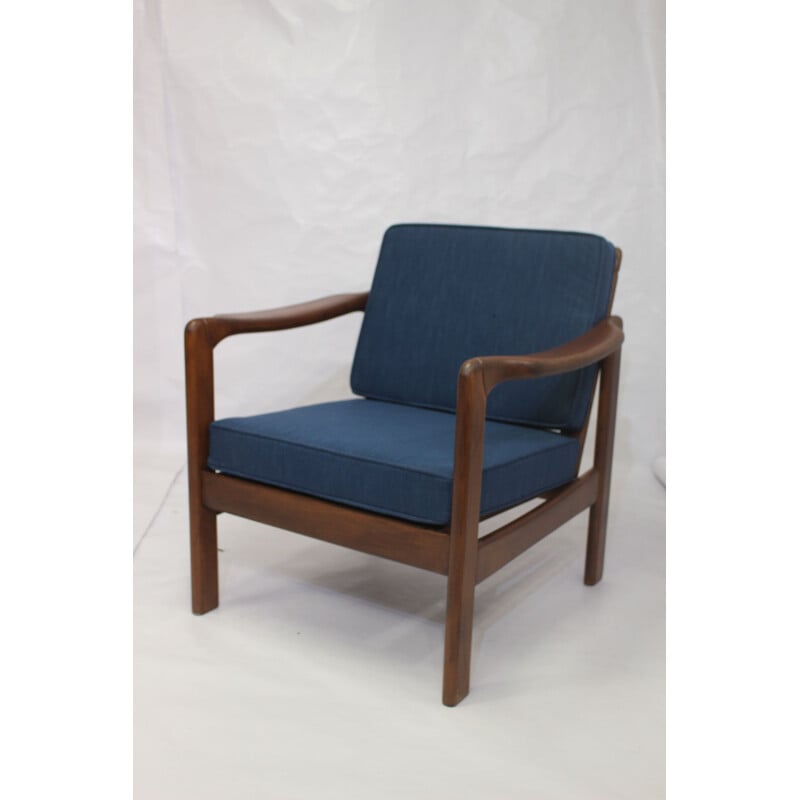 Fauteuil vintage style scandinave en tissu bleu, 1960