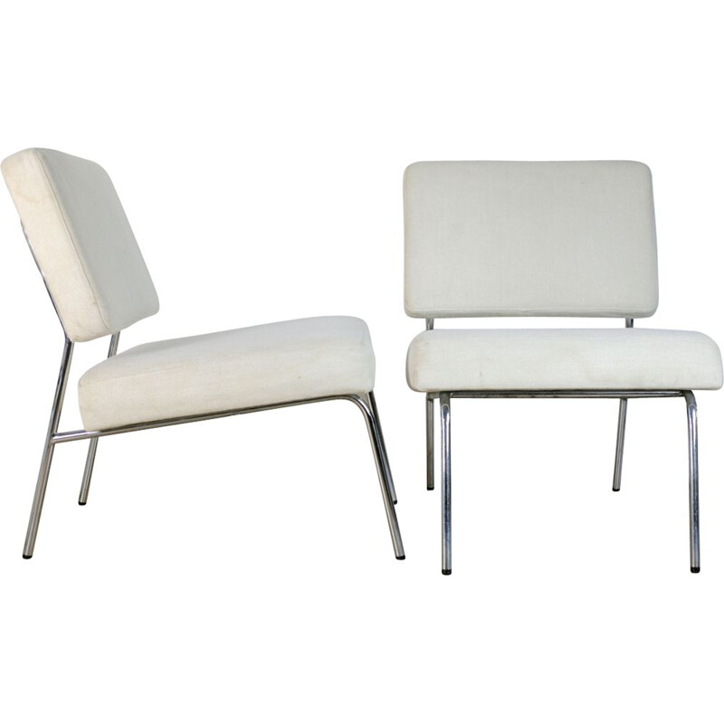 Pair of vintage white steel and woolen armchairs, France 1960
