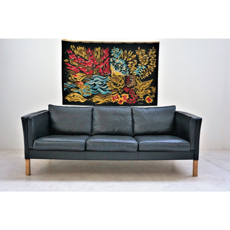 3-seater vintage Scandinavian black leather sofa