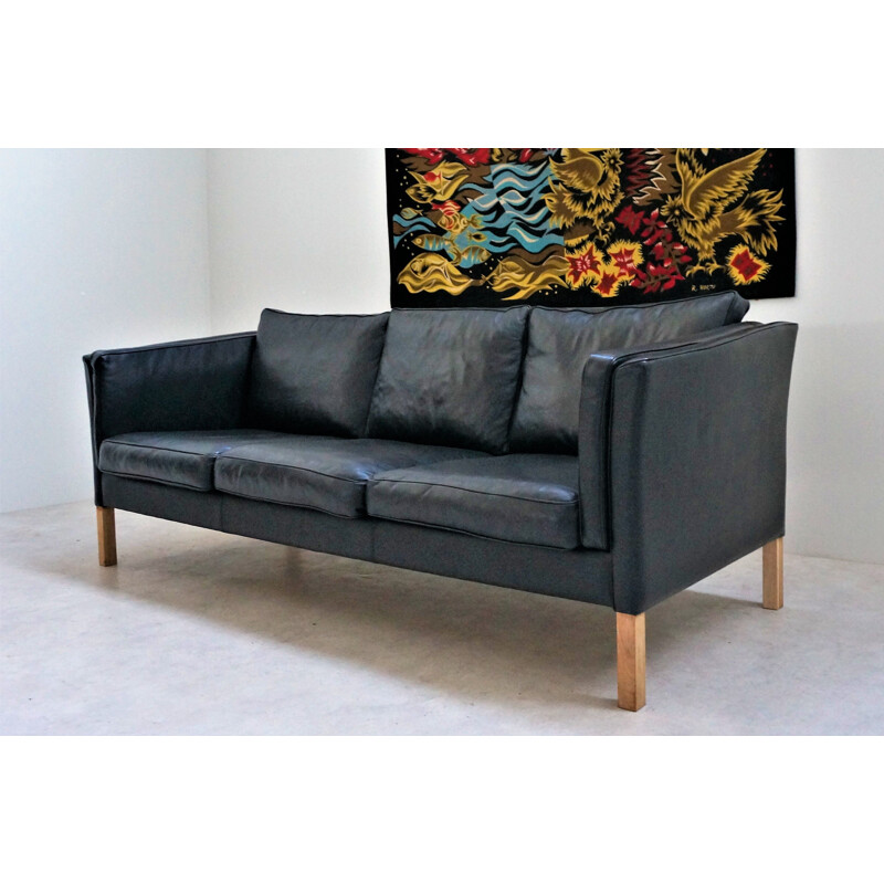 3-seater vintage Scandinavian black leather sofa