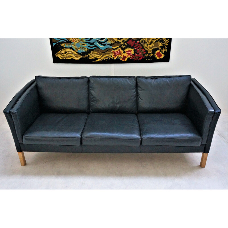 3-seater vintage Scandinavian black leather sofa