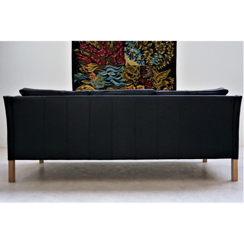 3-seater vintage Scandinavian black leather sofa