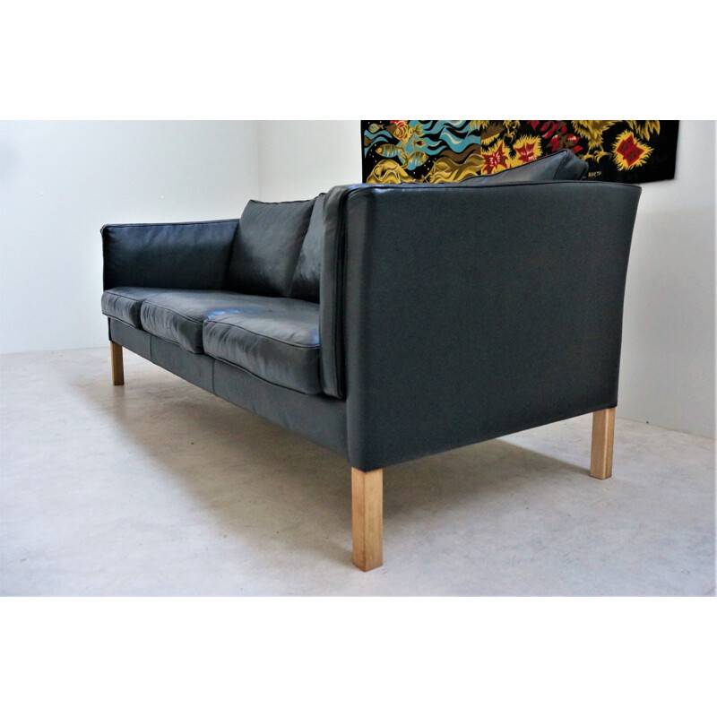 3-seater vintage Scandinavian black leather sofa