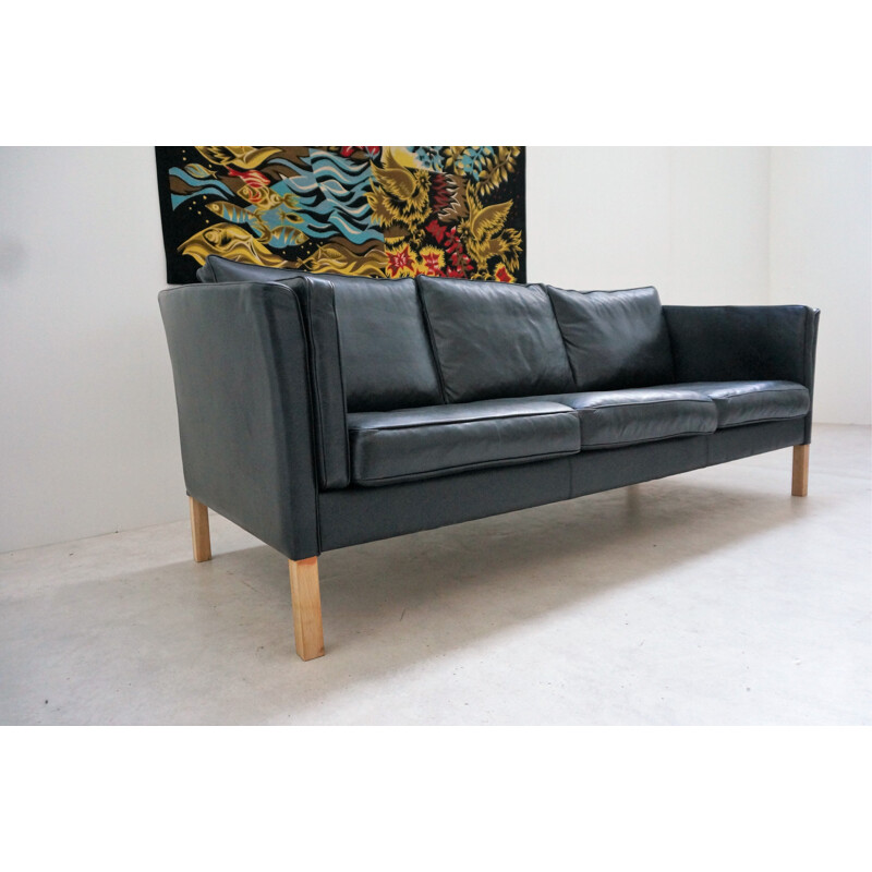 3-seater vintage Scandinavian black leather sofa