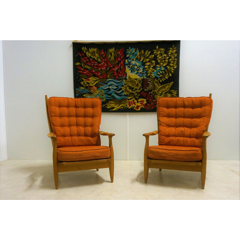 Pair of vintage oak armchairs by Guillerme and Chambron