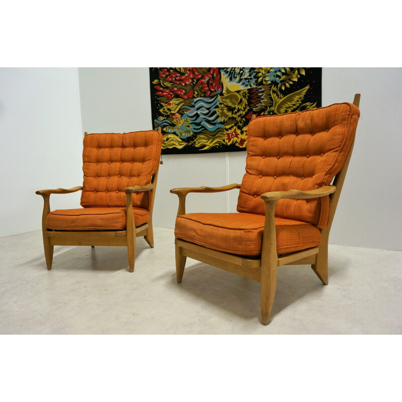 Pair of vintage oak armchairs by Guillerme and Chambron