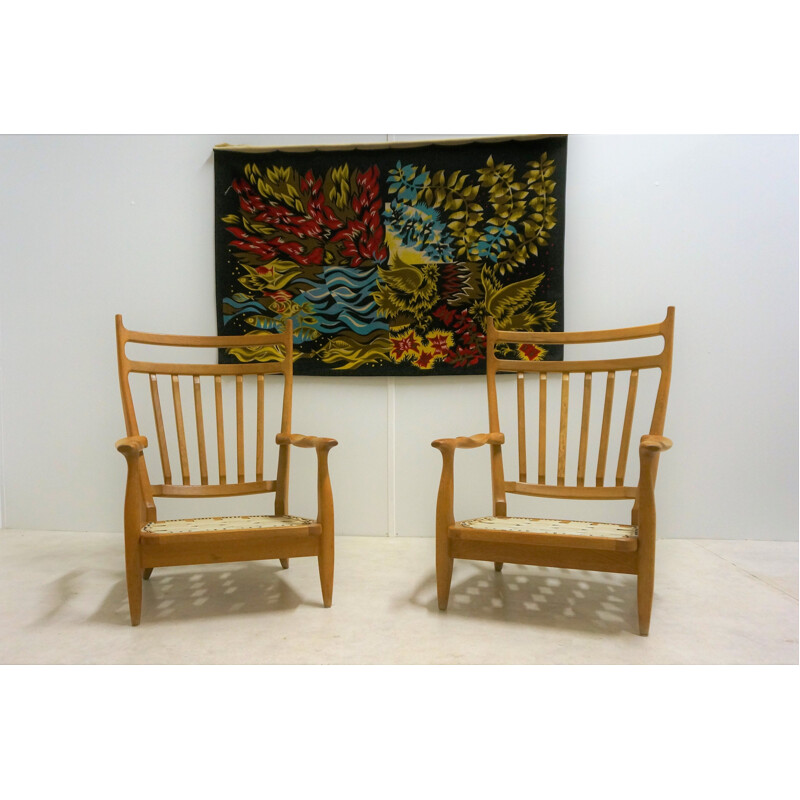 Pair of vintage oak armchairs by Guillerme and Chambron