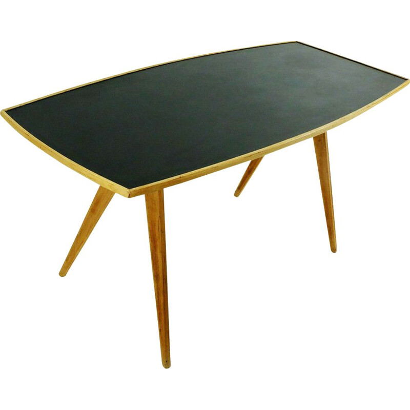 Table basse vintage en merisier et formica noir, plateau et pieds inclinés 