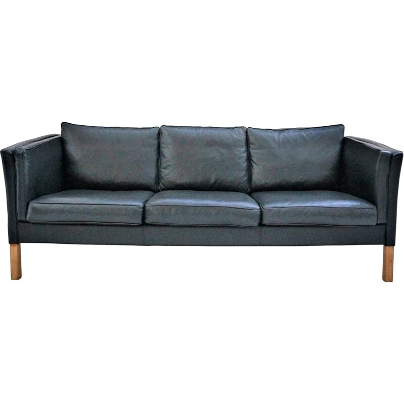 3-seater vintage Scandinavian black leather sofa