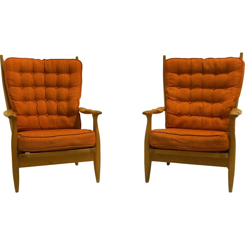 Pair of vintage oak armchairs by Guillerme and Chambron