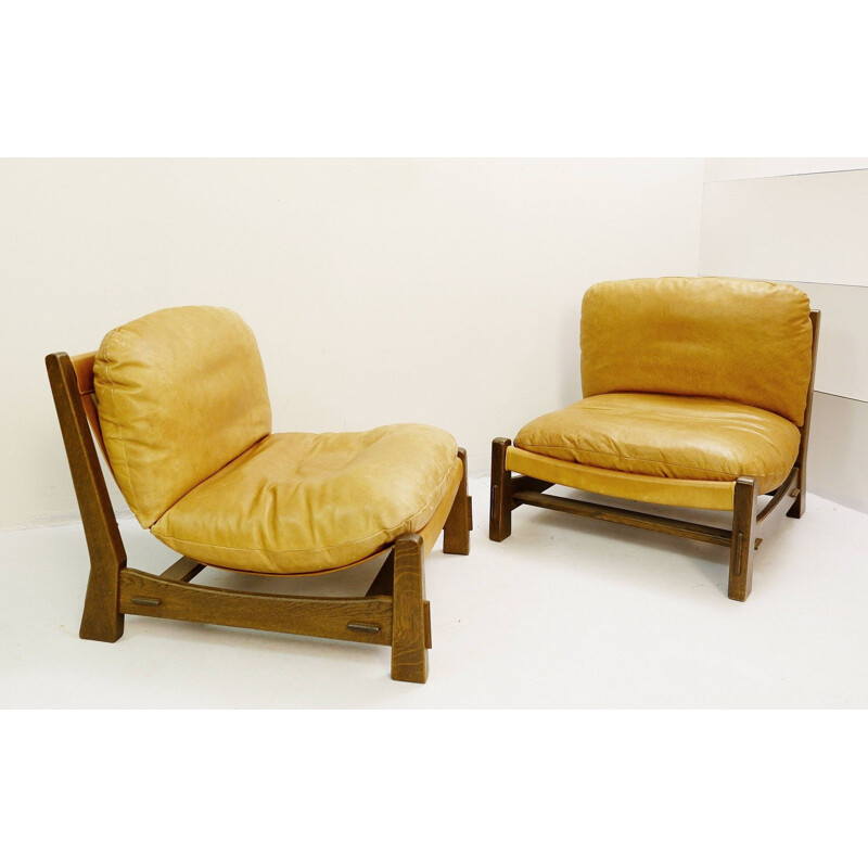  Paire de fauteuils vintage en toile et cuir style brésilien