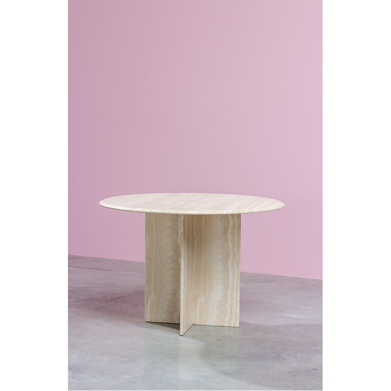 Vintage architectural round postmodern travertine dining table, 1970s 
