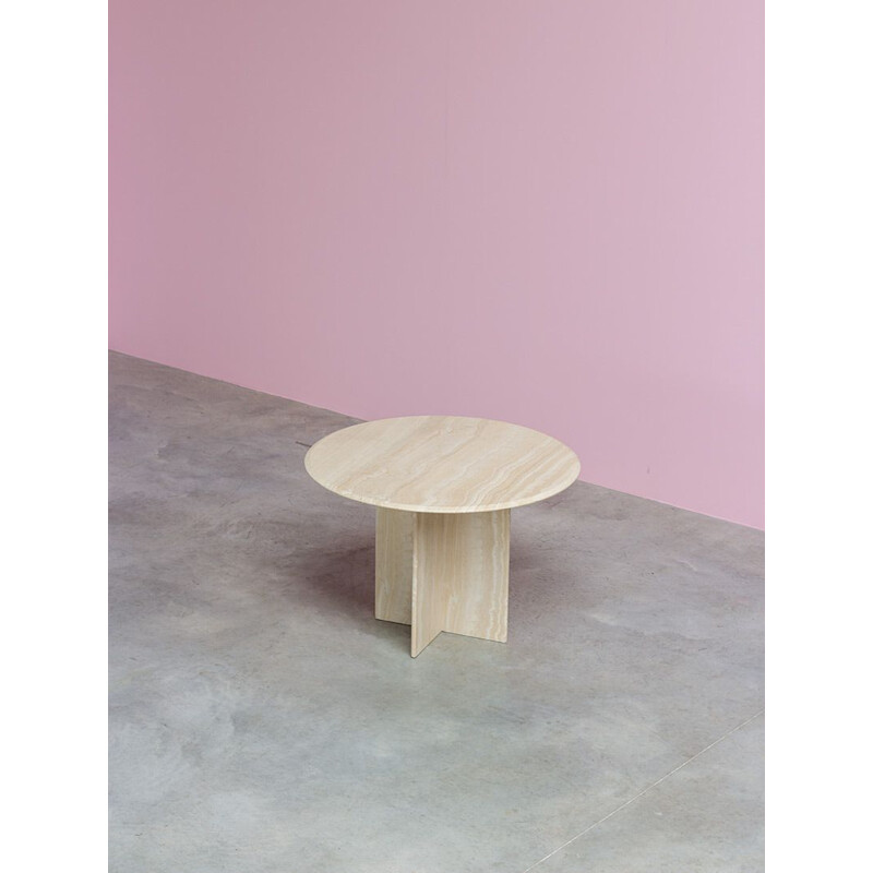 Vintage architectural round postmodern travertine dining table, 1970s 