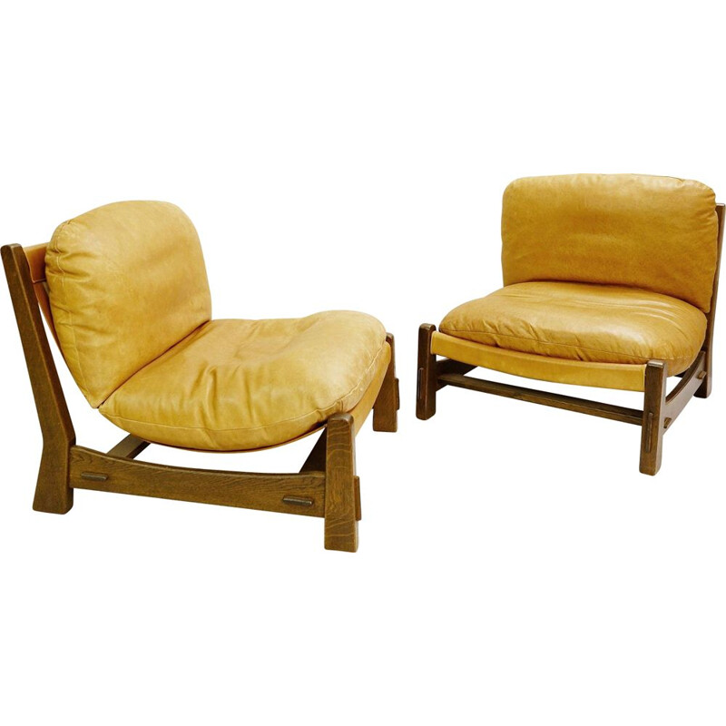  Pair of vintage armchairs in canvas and leather Brazilian style