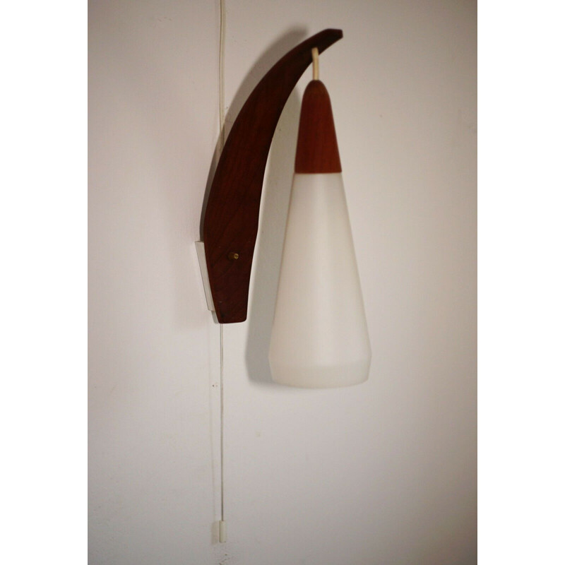 Vintage Danish wall lampoon teak and white glass, 1950