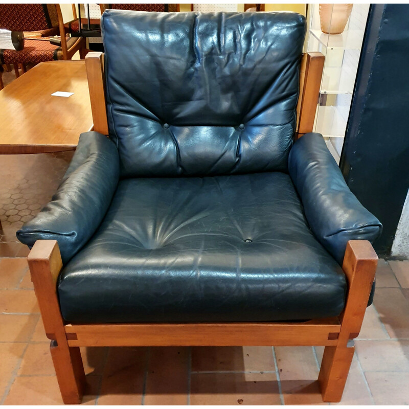 Vintage Pair of Pierre Chapo S15 Armchairs in Elm and Leather, 1960 