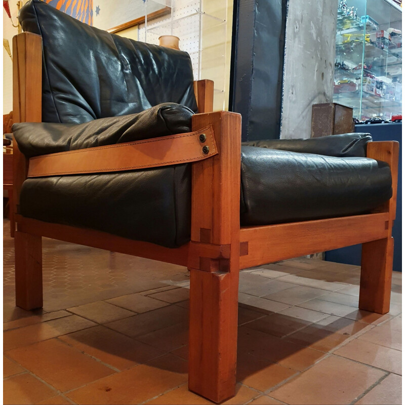 Vintage Pair of Pierre Chapo S15 Armchairs in Elm and Leather, 1960 