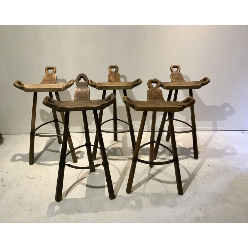 Set of 5 vintage Brutalistic bar stool, spanish design 1960