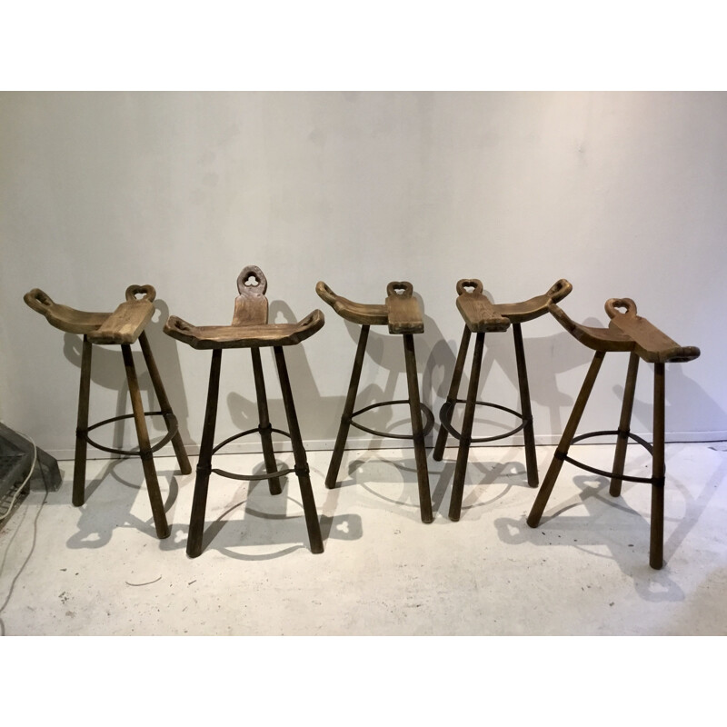 Set of 5 vintage Brutalistic bar stool, spanish design 1960