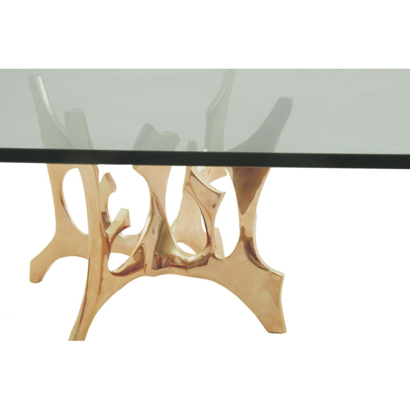 Vintage coffee table in solid bronze and glass by Fred Brouard, 1970s