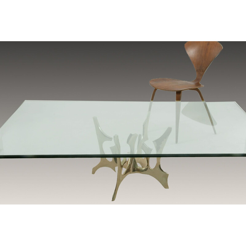 Table basse vintage en bronze massif et verre de Fred Brouard, 1970