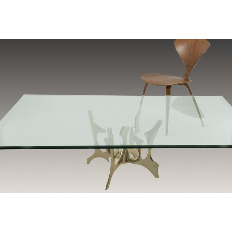 Vintage coffee table in solid bronze and glass by Fred Brouard, 1970s