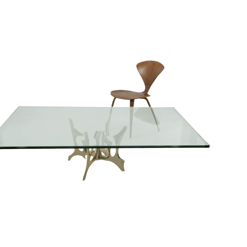 Table basse vintage en bronze massif et verre de Fred Brouard, 1970