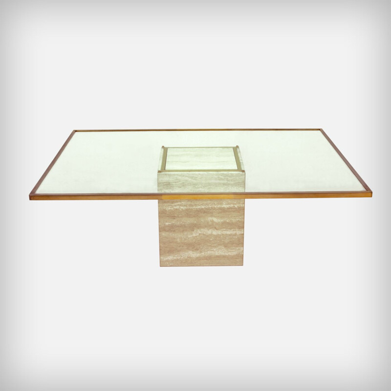 Vintage coffee table in travertine, brass and glass by Roger Vanhevel, Belgium 1970