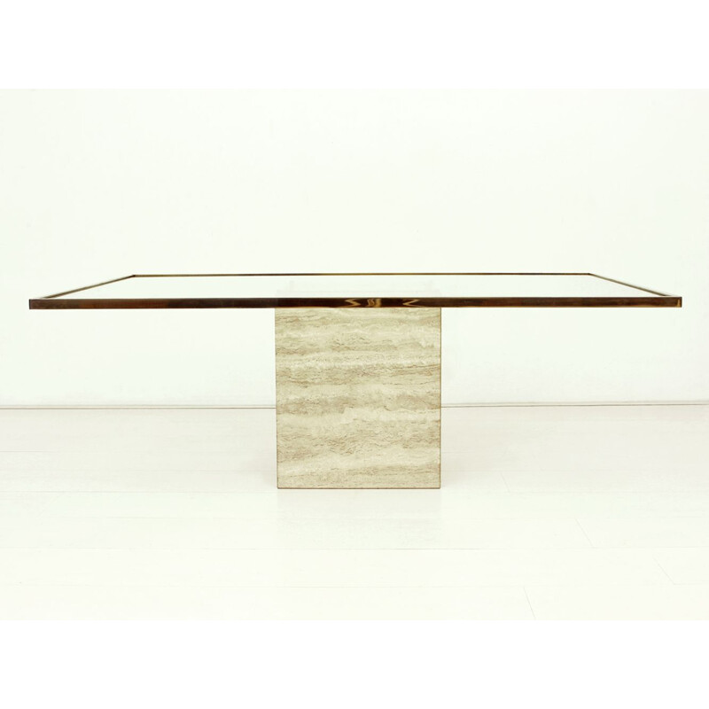 Vintage coffee table in travertine, brass and glass by Roger Vanhevel, Belgium 1970