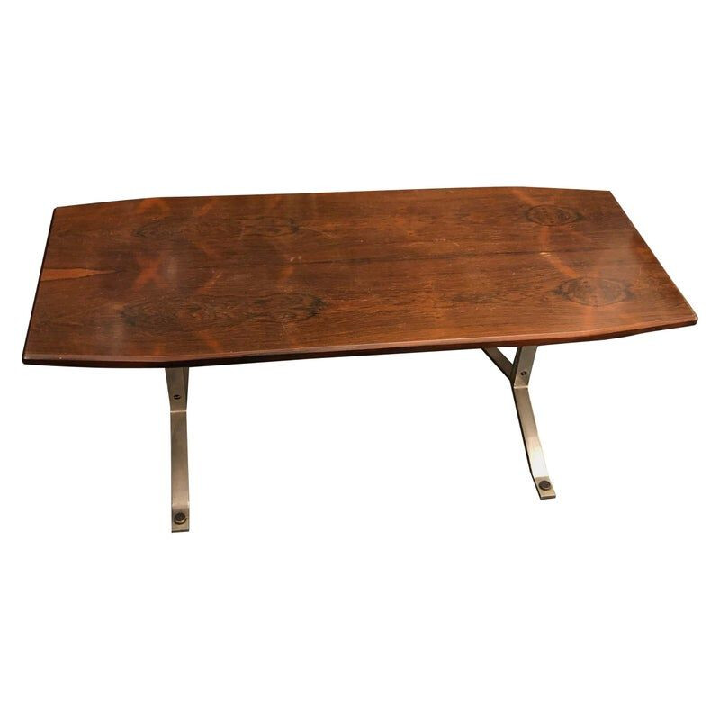 Table basse vintage en palissandre et acier, Italie 1970