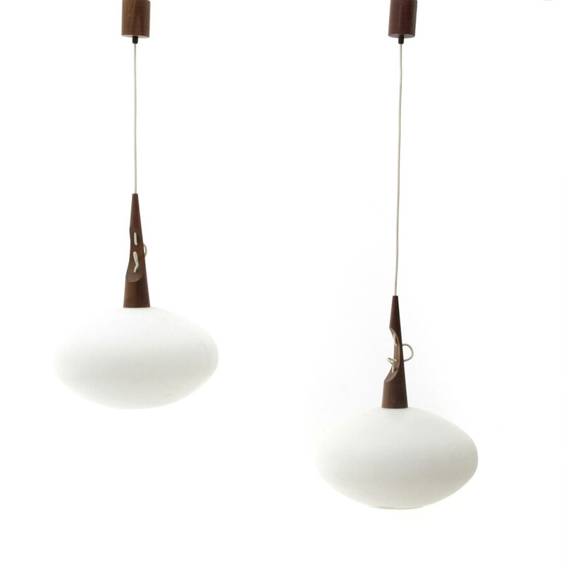 Pair of teak and opaline glass pendant lamps by Skandinavia, 1960