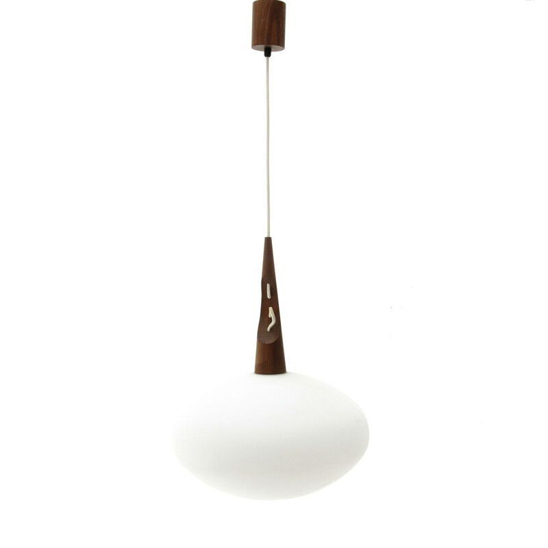 Pair of teak and opaline glass pendant lamps by Skandinavia, 1960