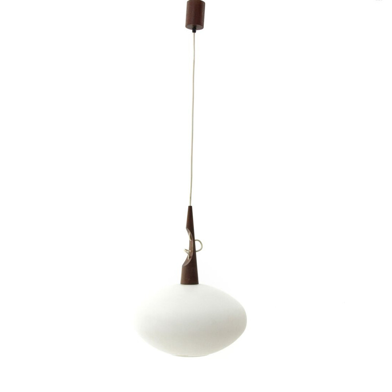 Pair of teak and opaline glass pendant lamps by Skandinavia, 1960