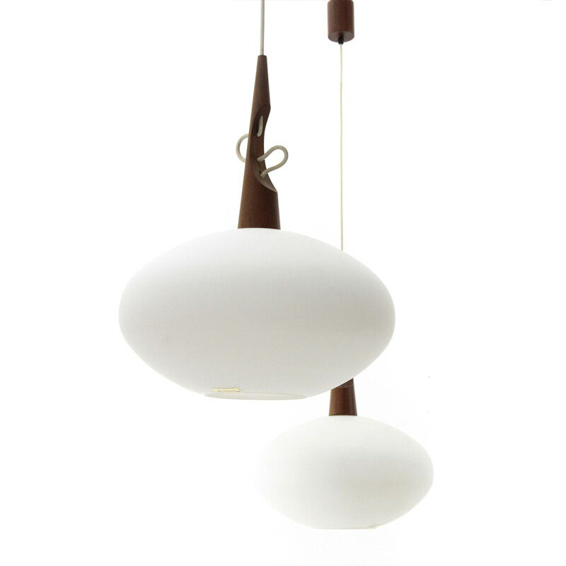 Pair of teak and opaline glass pendant lamps by Skandinavia, 1960