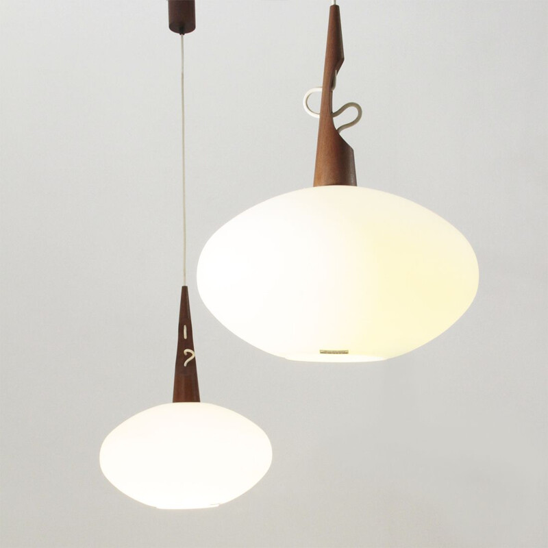 Pair of teak and opaline glass pendant lamps by Skandinavia, 1960