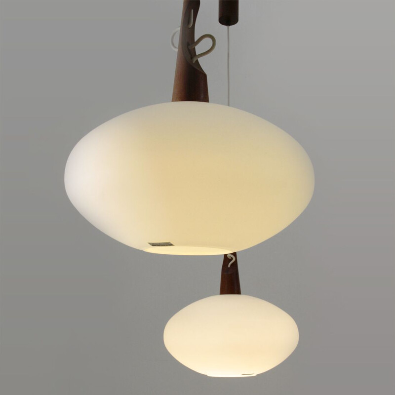 Pair of teak and opaline glass pendant lamps by Skandinavia, 1960