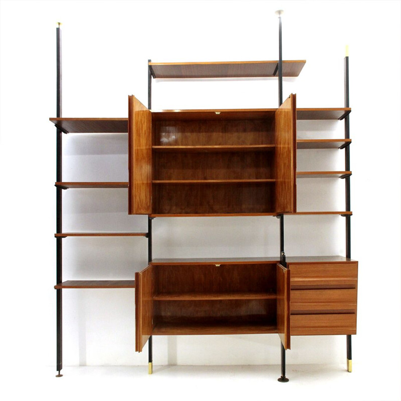 Vintage Italian wall unit in metal brass and wood, 1950s