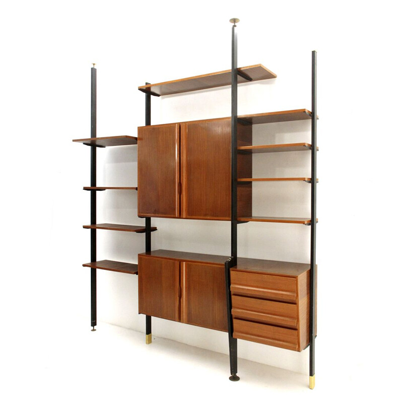 Vintage Italian wall unit in metal brass and wood, 1950s