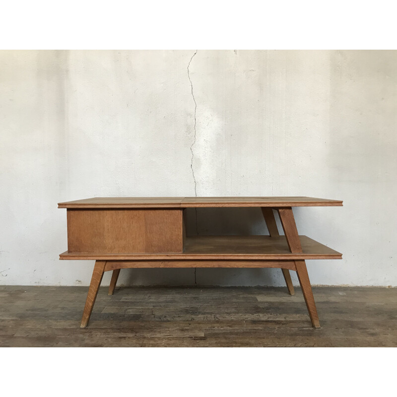 Vintage tv stand in light oak with compass feet 1950-1960