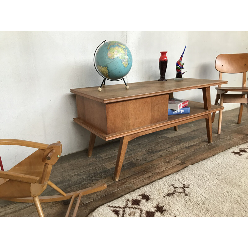 Vintage tv stand in light oak with compass feet 1950-1960